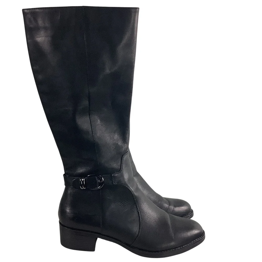 Franco Sarto Cecily Black Leather Knee High Boots Wide 11W 733410 Low Heel